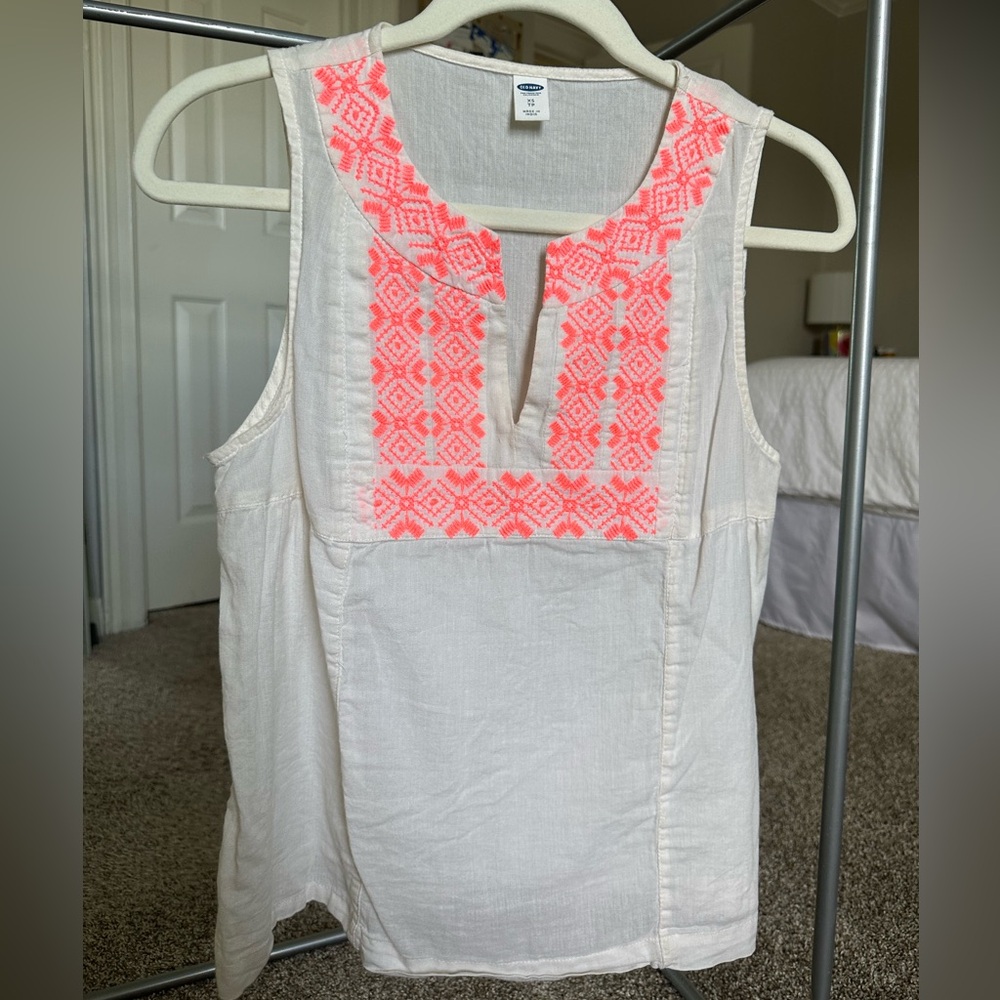 Old Navy White Tank Top with Neon Coral Embroidery